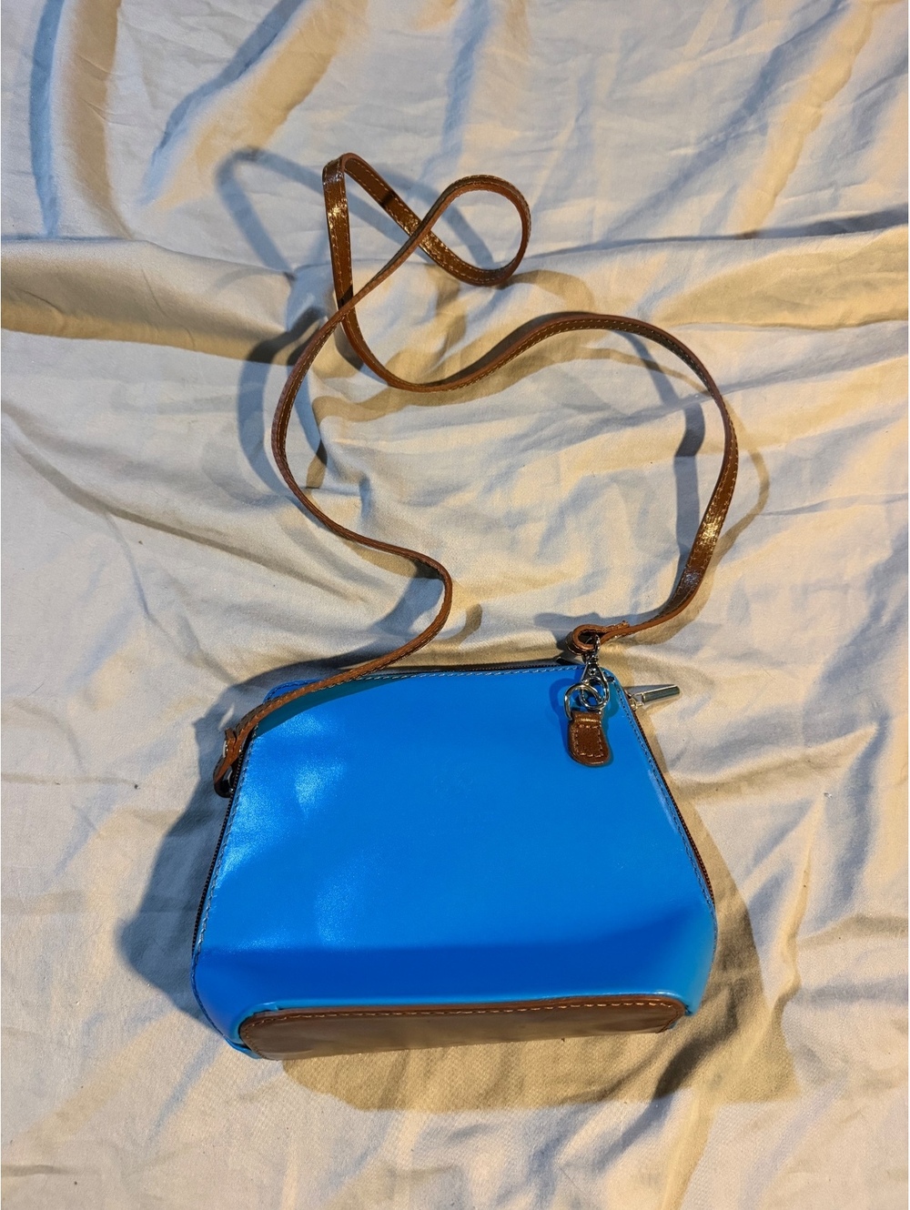 Vera Pelle Blue Leather Crossbody Bag with Brown Strap